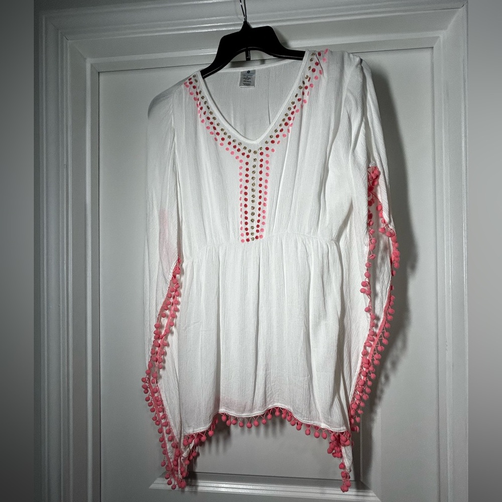 Snapper Rock White‎ and Pink Girls Coverup with Pom Pom Details